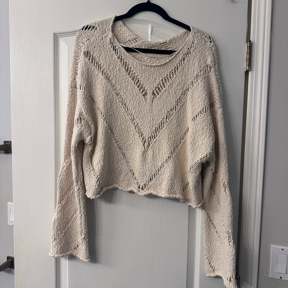 Free People Cream Openwork V-Stitch Crew Sweater